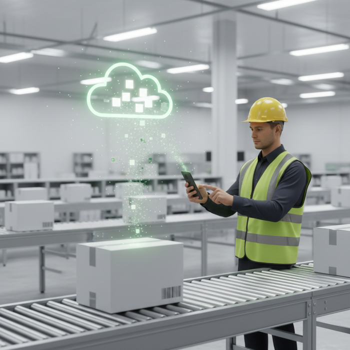 Business professional using MultiCode Scanner to scan product barcodes in a warehouse or retail environment