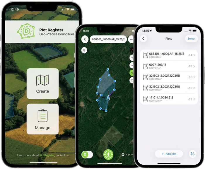Plot Register app displaying geo-precise land plot boundaries on a map