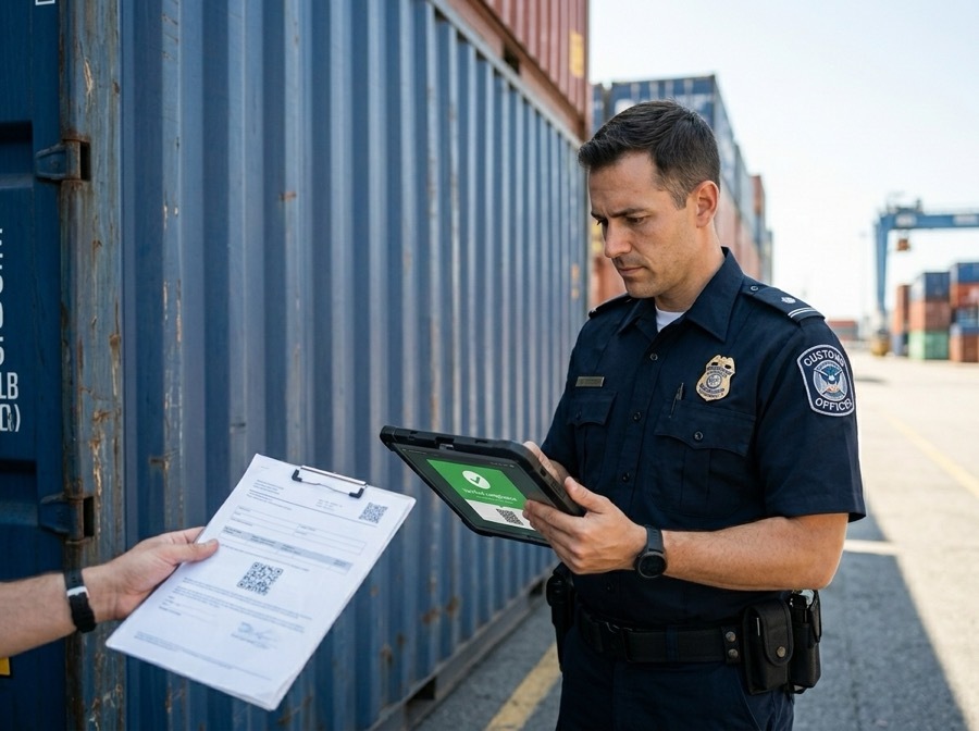 Port customs officer verifying eDN compliance record via QR code