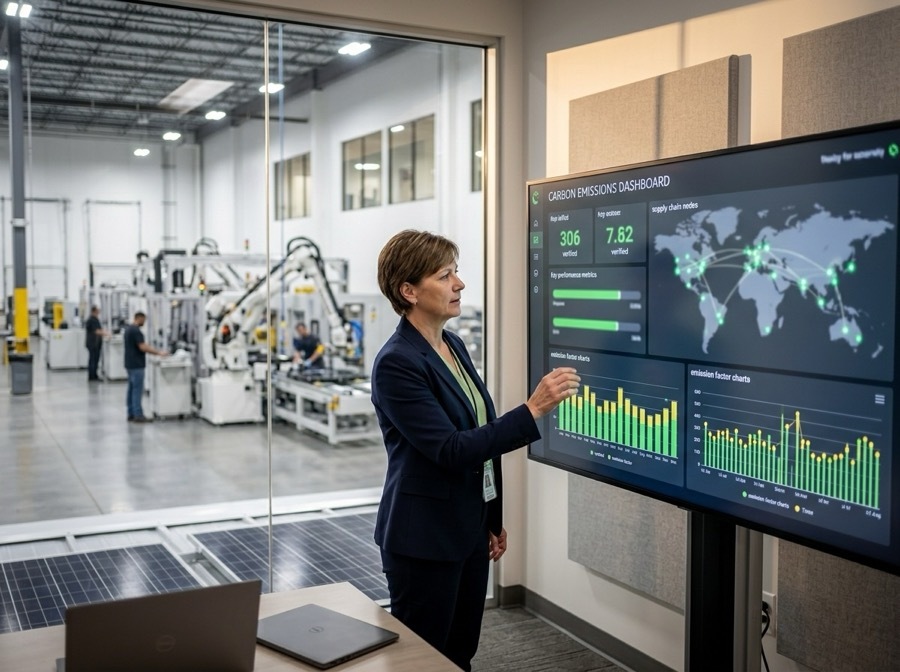 Sustainability manager reviewing carbon emissions dashboard on a modern platform