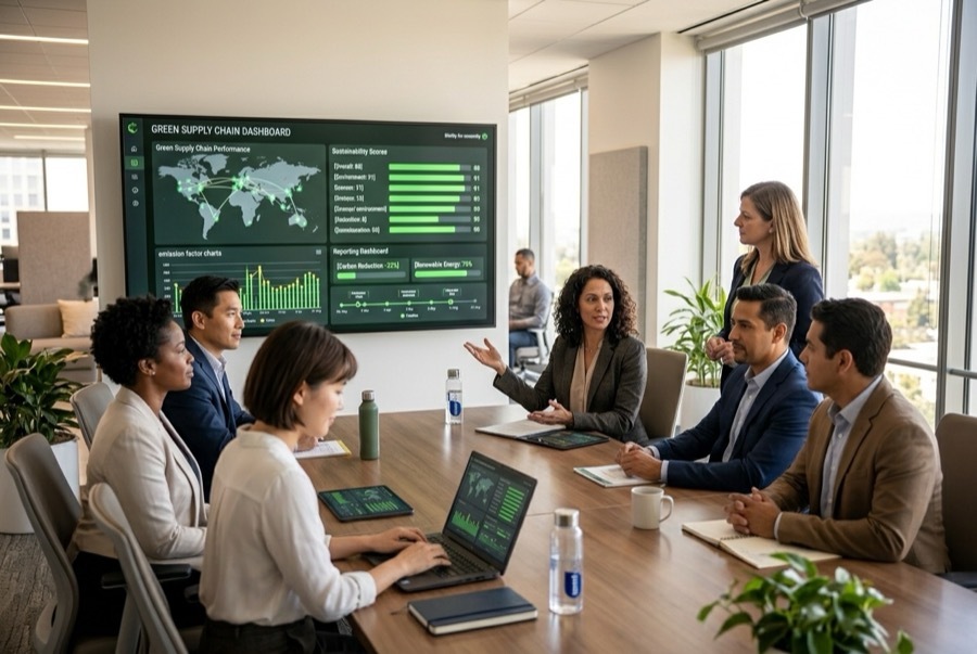 Corporate sustainability team reviewing ESG reporting dashboards and supply chain data